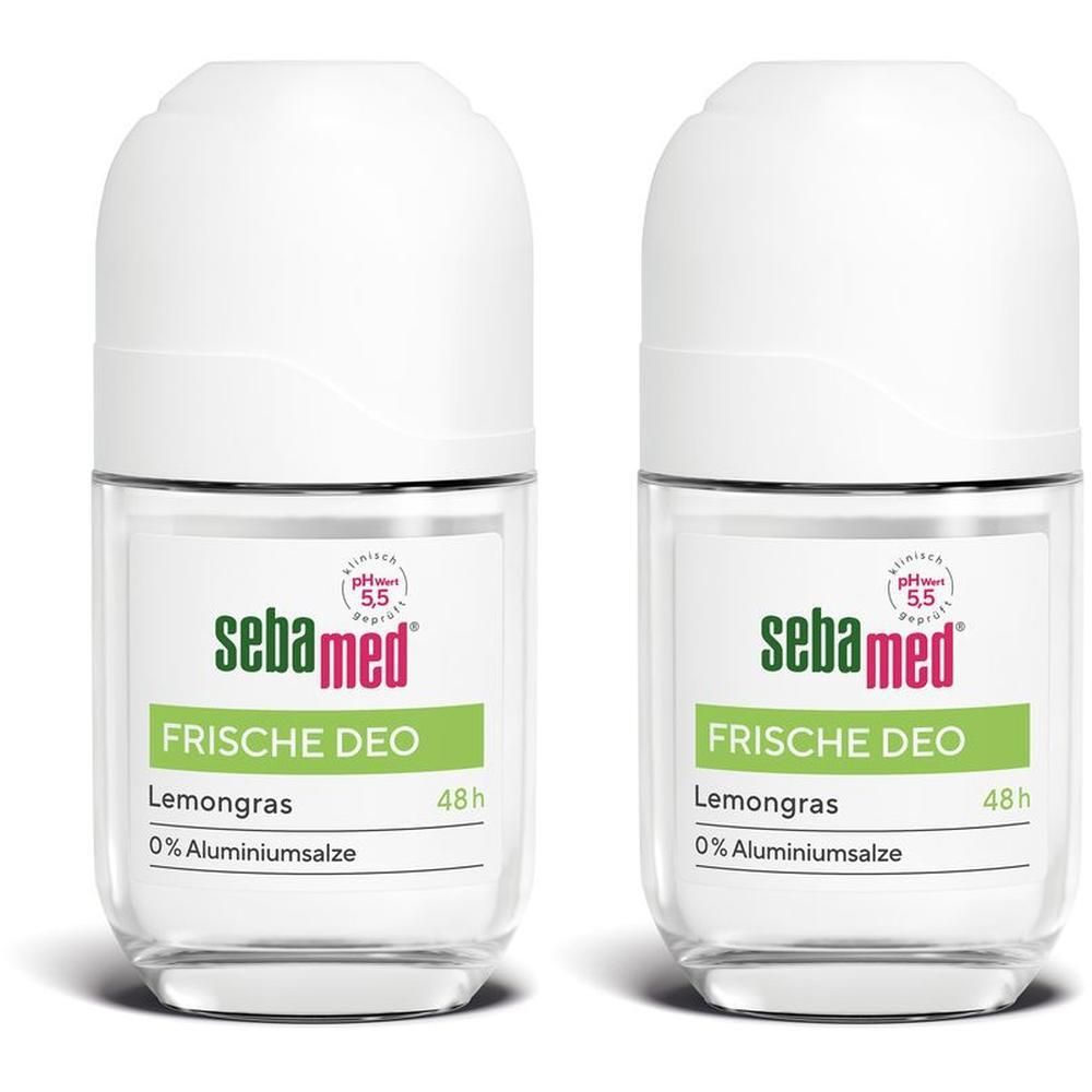 Zwei Roll-On-Deodorants mit weißem Deckel und transparentem Behälter. Aufschrift: Sebamed, Frische Deo, Lemongras, 48h, 0% Aluminiumsalze.