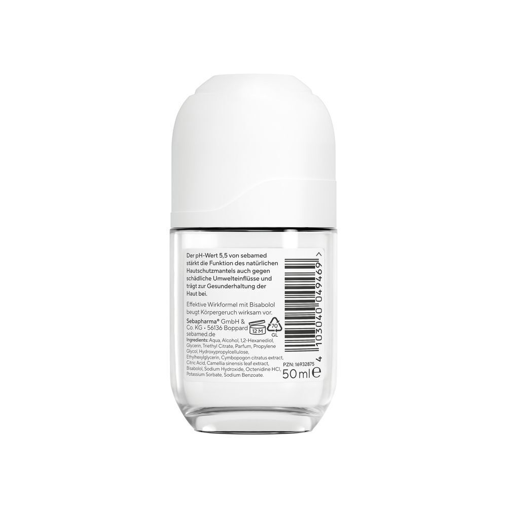 Roll-On-Deo mit weißem Deckel und transparentem Behälter. Rückseite mit Text und Barcode. Aufschrift: Sebamed, 50ml.