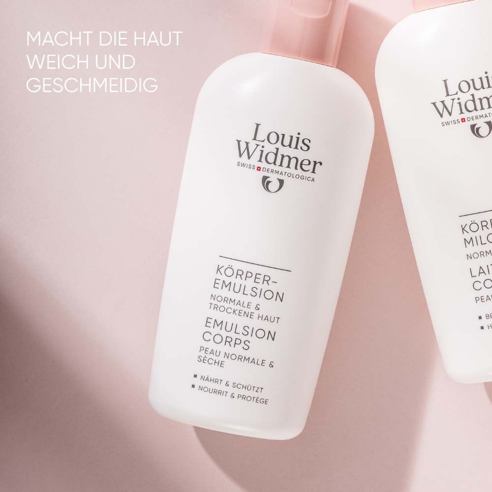 Nahaufnahme von zwei Flaschen. Aufschrift: Louis Widmer, Körperemulsion. Text: Macht die Haut weich und geschmeidig.