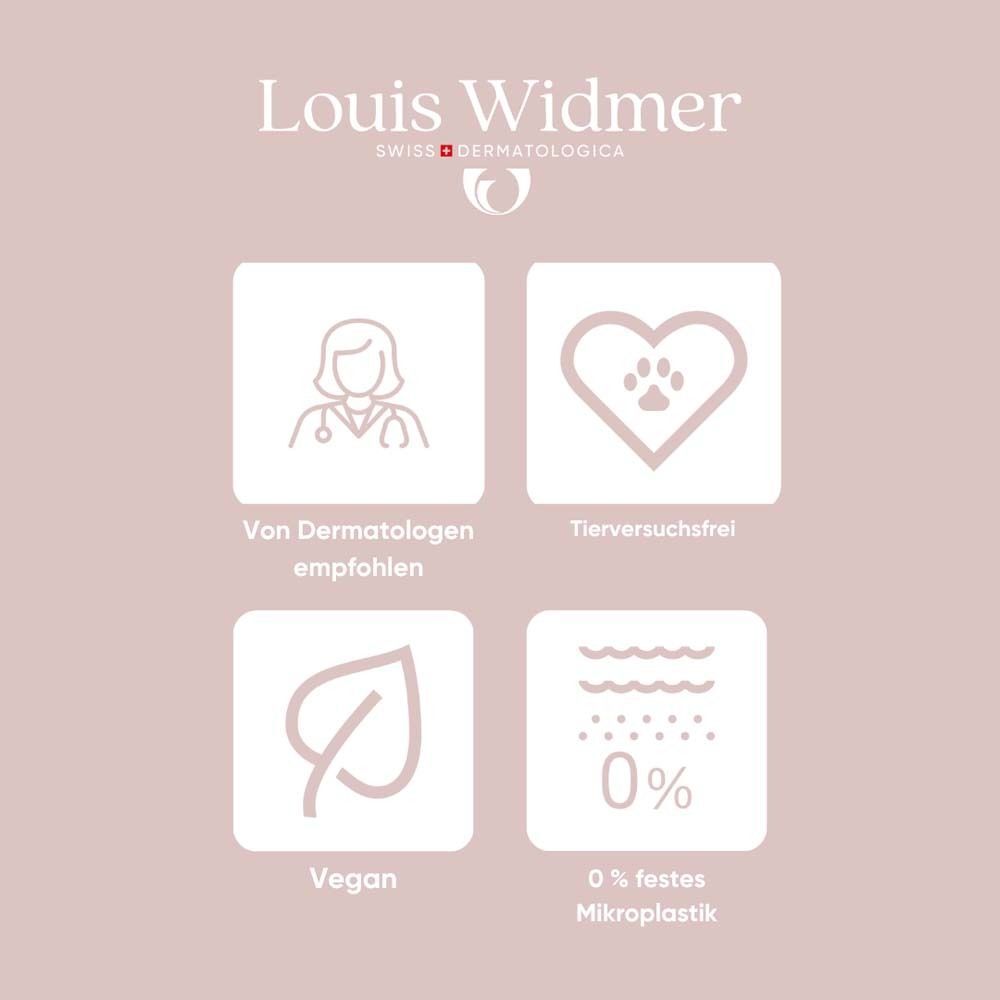 Vier Symbole: Dermatologisch empfohlen, tierversuchsfrei, vegan, 0% festes Mikroplastik. Logo: Louis Widmer.
