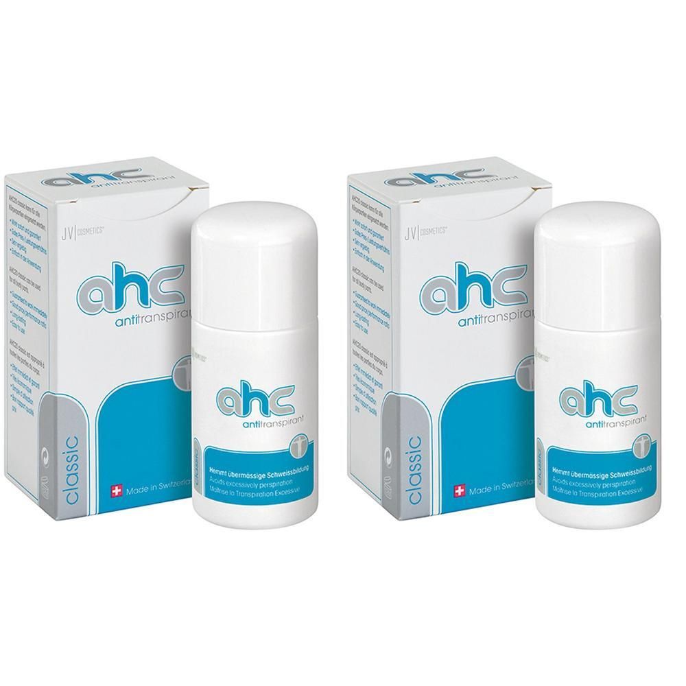 Zwei Roll-on-Antitranspirant-Flaschen und Verpackungen. Aufschrift "ahc classic". Blaue Akzente. Schweizer Kreuz. Text in Deutsch.