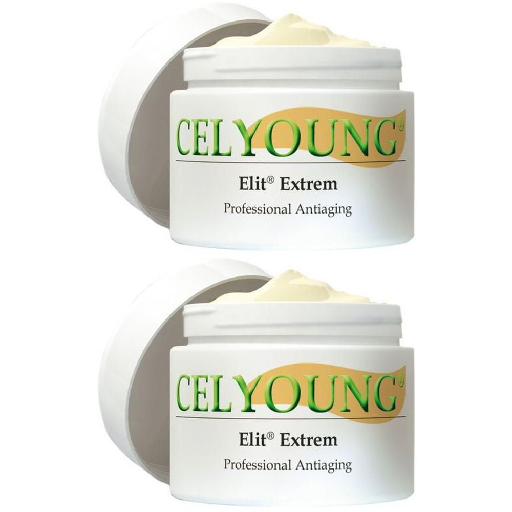 Zwei Cremetiegel mit Deckel. Aufschrift: CELYOUNG, Elit Extrem, Professional Antiaging. Creme sichtbar.