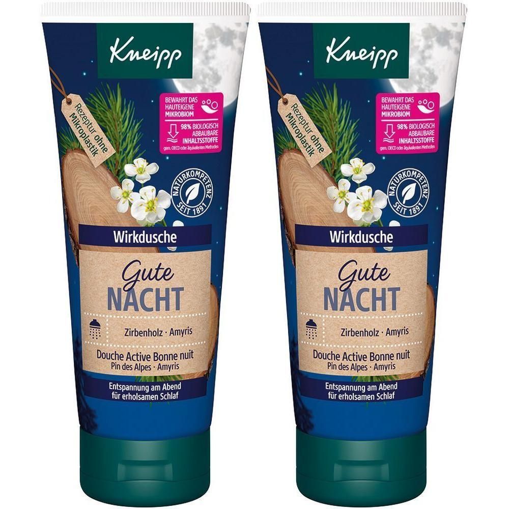 Zwei Tuben Kneipp® Wirkdusche Gute Nacht. Blaue und weiße Tube mit Produktnamen und Illustrationen. Grüne Kappe.