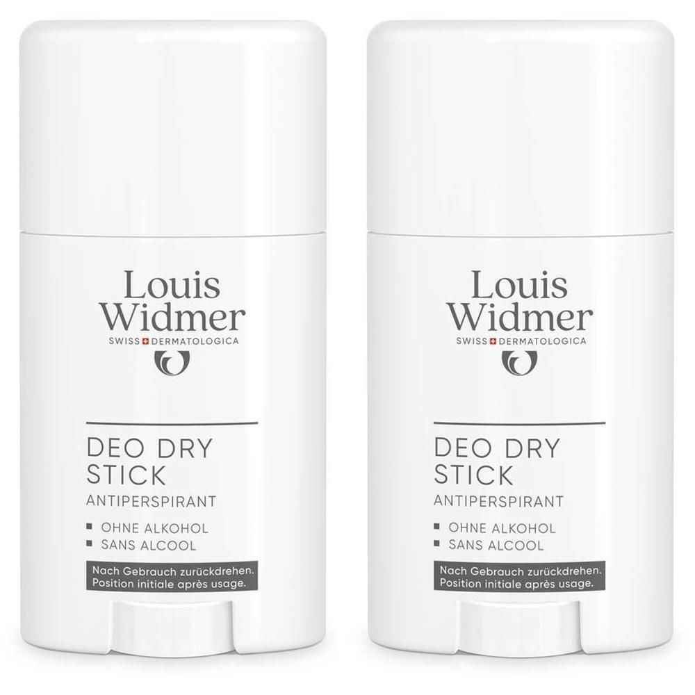 Zwei weiße Deo Dry Stick-Antitranspirant-Sticks. Aufschrift: Louis Widmer, Deo Dry Stick, ohne Alkohol, sans alcool. Mit Drehmechanismus.