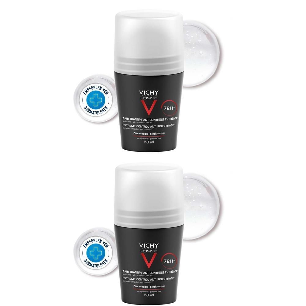 Zwei Roll-On-Deodorants mit weißem Deckel und schwarzem Behälter. Aufschrift: Vichy Homme, 72H, Anti-Transpirant. Dermatologisch getestet.