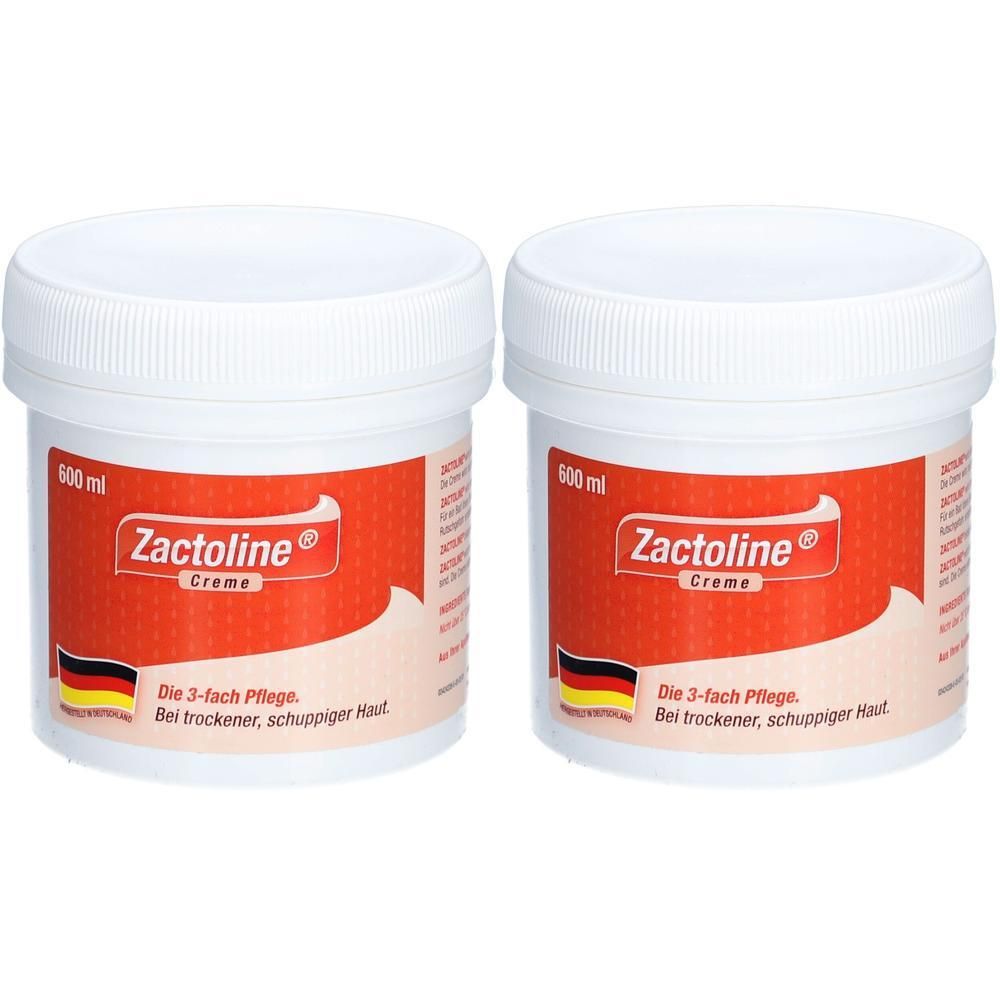 Zwei weiße Tiegel mit rotem Etikett. Auf dem Etikett steht "Zactoline Creme". Die Tiegel haben einen weißen Deckel und enthalten 600 ml.