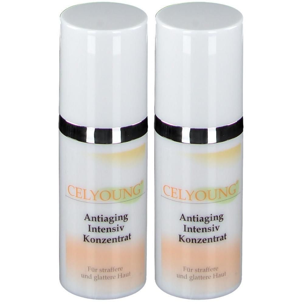 Zwei weiße Flaschen mit silbernen Ringen und weißen Deckeln. Aufschrift: CELYOUNG, Antiaging Intensiv Konzentrat. Für straffere und glattere Haut.