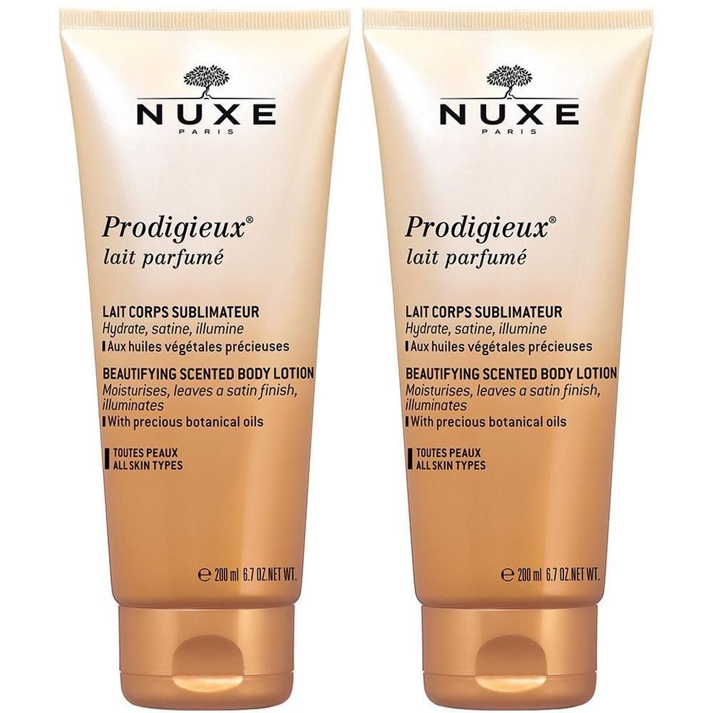 Zwei Tuben Körperlotion. Goldfarbene Tube mit Produktnamen und Logo. Text: "Prodigieux lait parfumé".