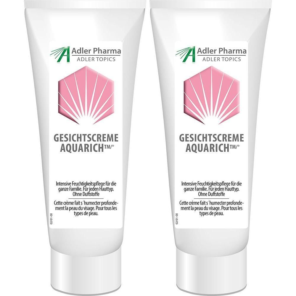 Zwei weiße Tuben Gesichtscreme. Auf jeder Tube steht "GESICHTSCREME AQUARICH" und "Adler Pharma".
