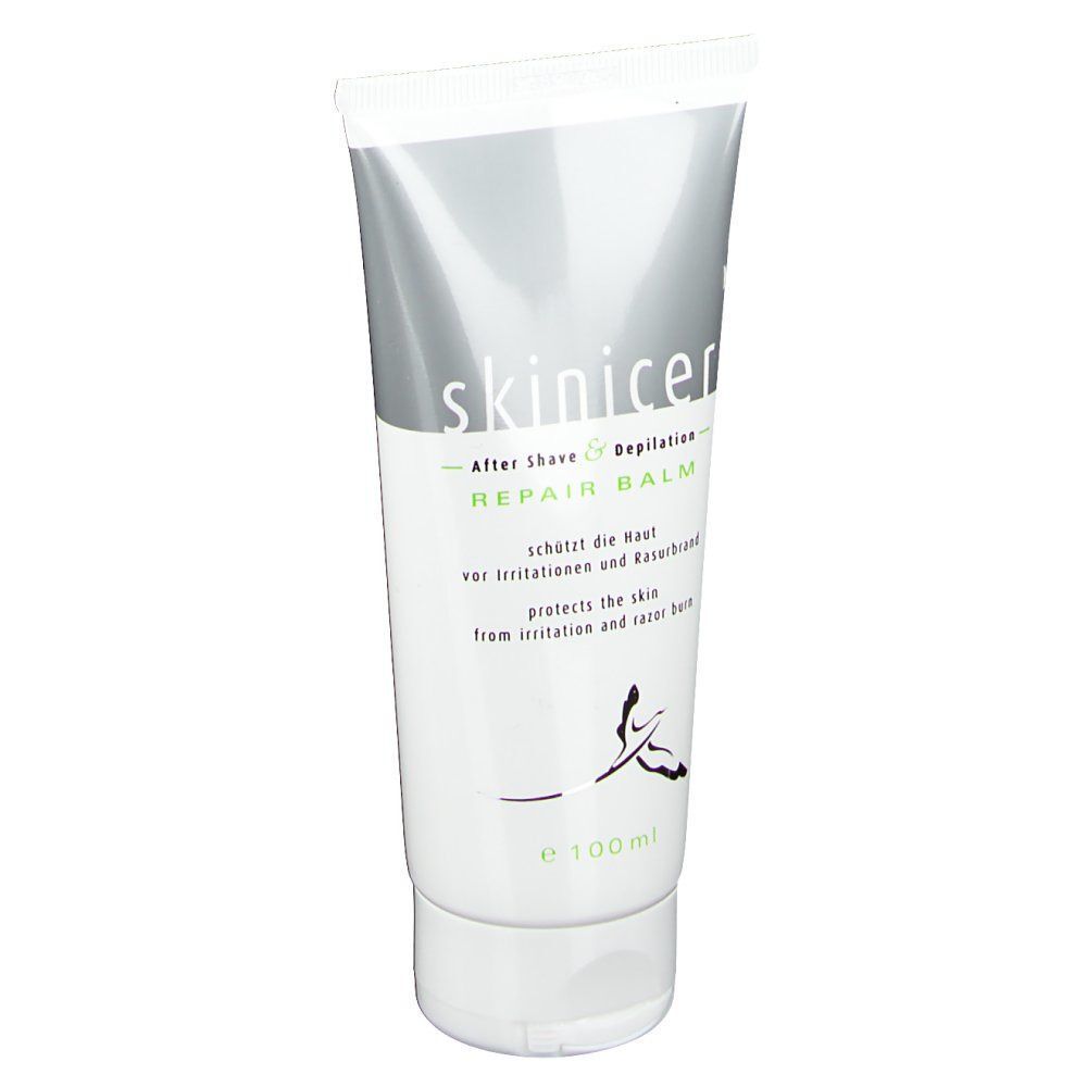 Tube von skinicer Repair Balm. Weiß mit grauem Deckel. Text: Produktname, Anwendungsbereich, Inhaltsstoffe.