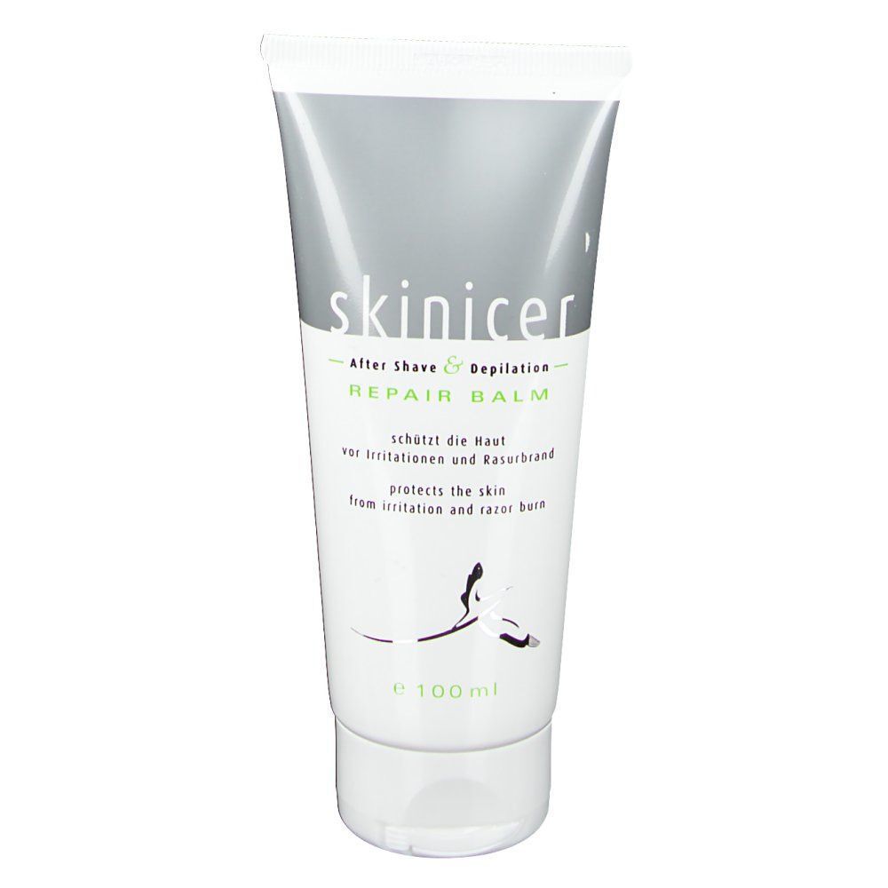 Tube von skinicer Repair Balm. Weiß mit grauem Deckel. Text: Produktname, Anwendungsbereich, Inhaltsstoffe.