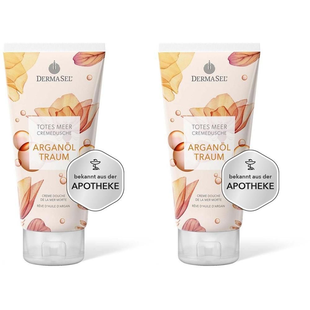 Zwei Tuben Creme-Dusche mit floralem Design. Aufschrift: TOTES MEER CREMEDUSCHE ARGANÖL TRAUM. Siegel: bekannt aus der Apotheke.