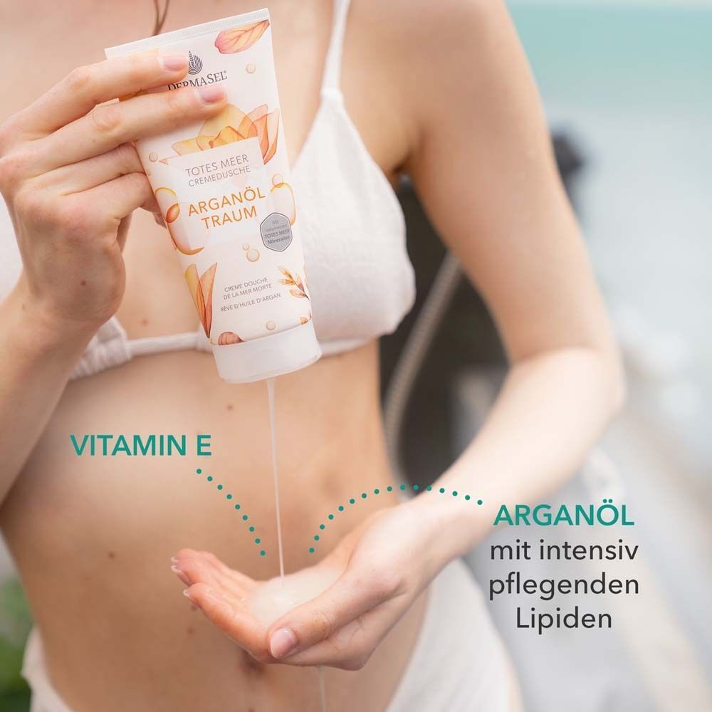 Creme-Dusche wird auf Hand gegossen. Aufschrift: ARGANÖL TRAUM. Text: Vitamin E, ARGANÖL mit intensiv pflegenden Lipiden.