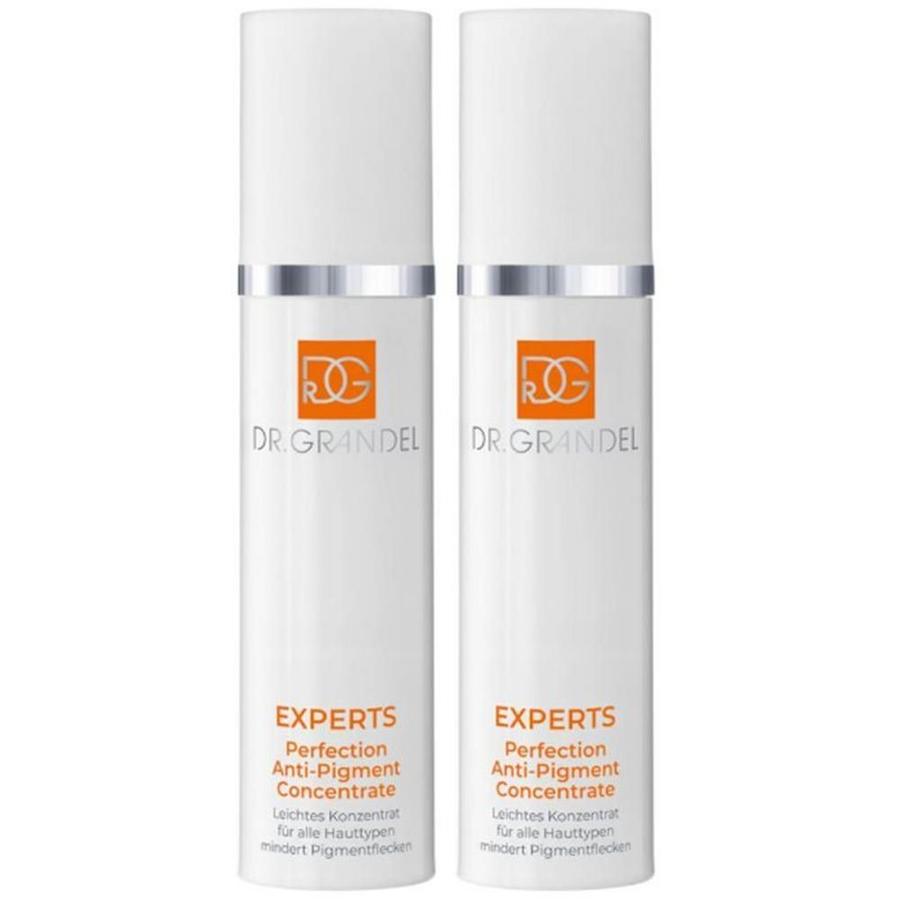Zwei weiße Flakons mit silbernen Rändern. Aufschrift: DR. GRANDEL, EXPERTS Perfection Anti-Pigment Concentrate. Leichte Konzentrat für alle Hauttypen.
