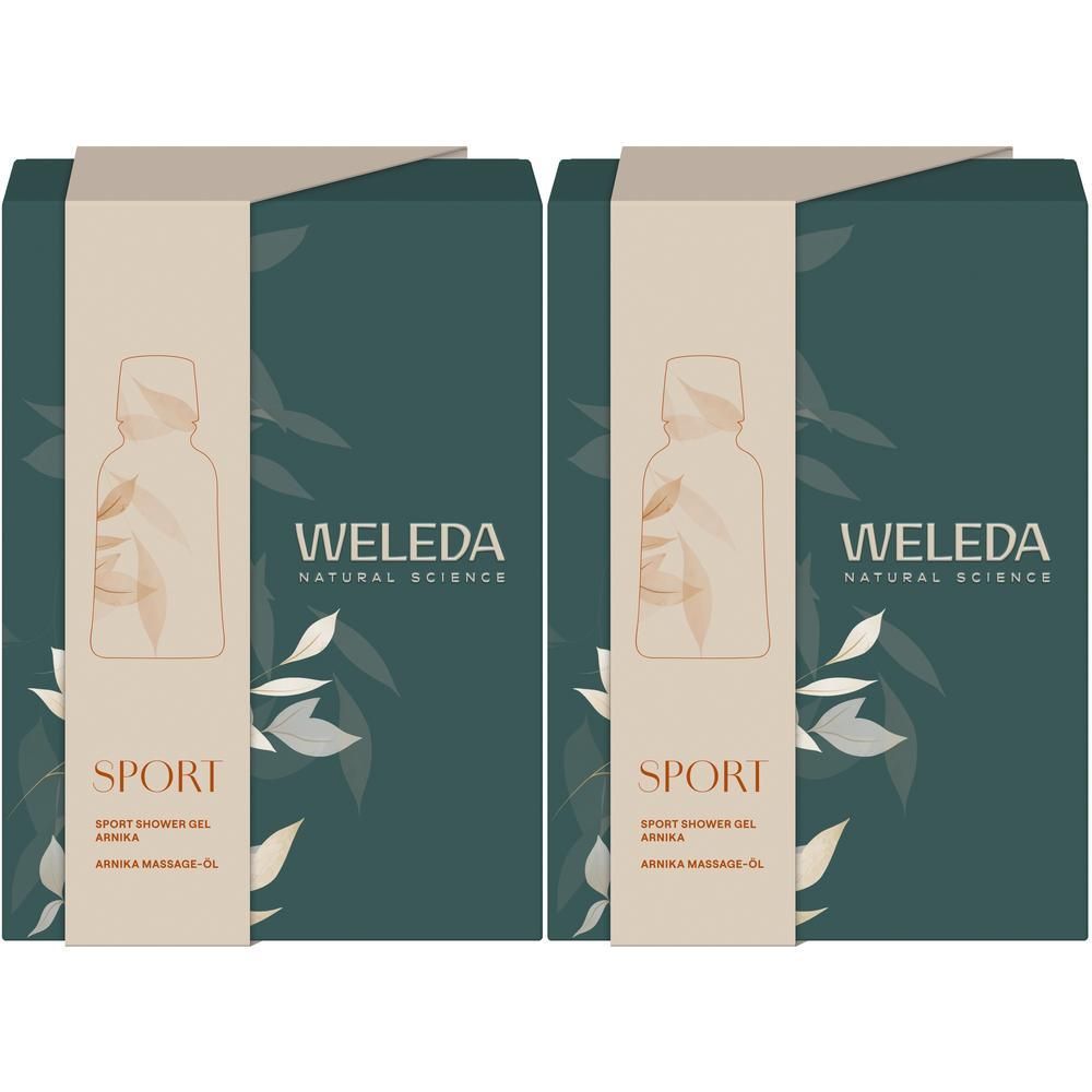 Zwei Geschenkboxen. Aufdruck: WELEDA, SPORT, Arnika. Beige-grüne Verpackung mit Produktabbildung.