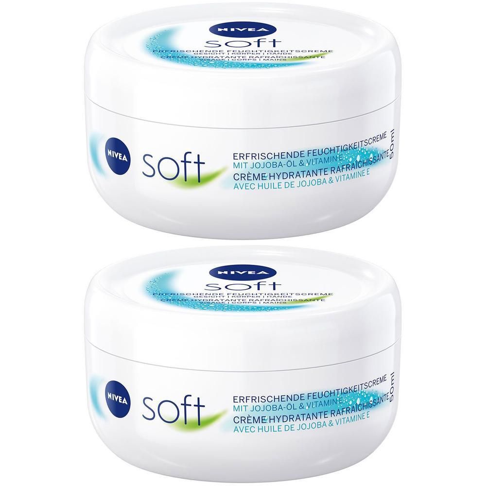 Zwei weiße Tiegel NIVEA Soft Feuchtigkeitscreme. Blaue Deckel mit Logo und Schriftzug. Text: Erfrischende Feuchtigkeit.
