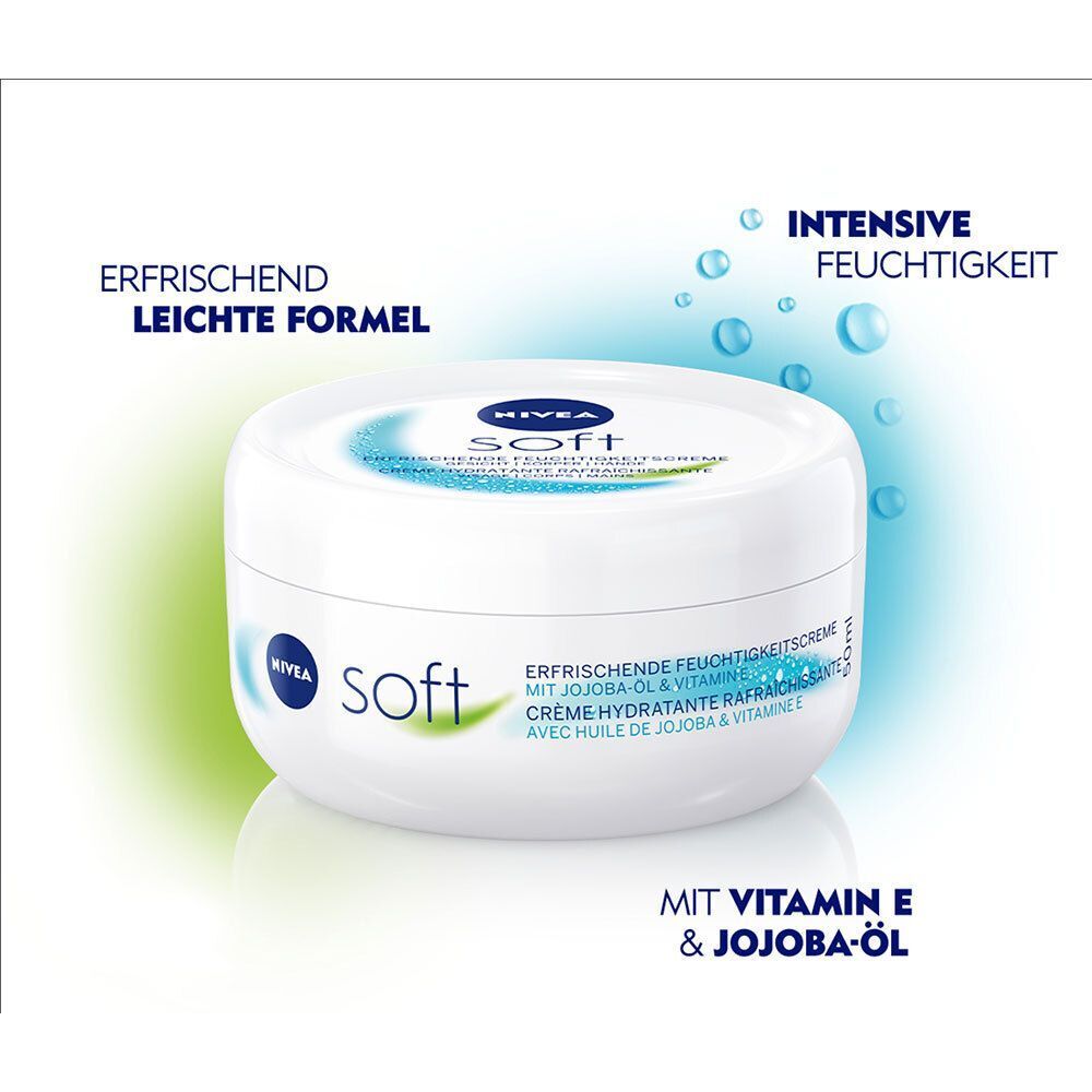 Weißer Tiegel NIVEA Soft Feuchtigkeitscreme. Blauer Deckel mit Logo und Schriftzug. Text: Erfrischende Feuchtigkeit. Hintergrund: blau und grün.
