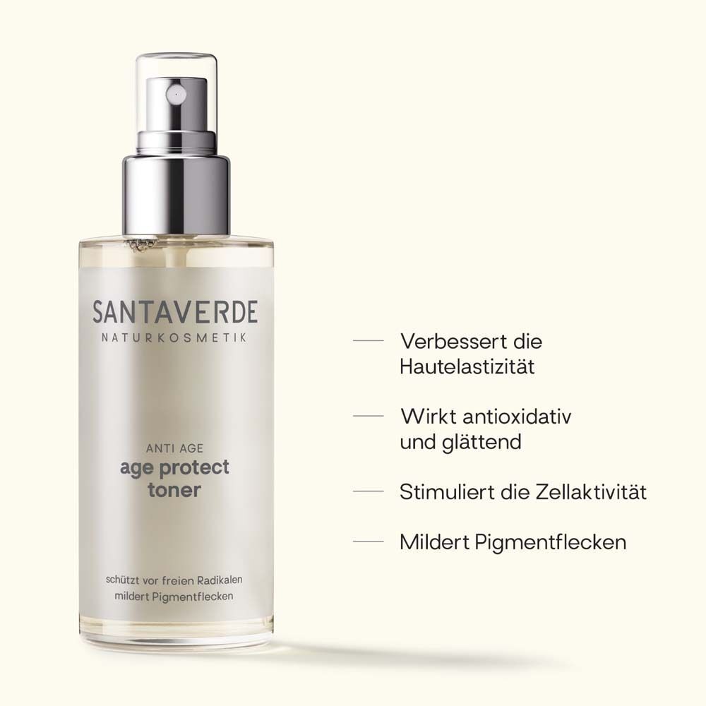 SANTAVERDE age protect toner Sprühflasche. Text: Verbessert die Hautelastizität, wirkt antioxidativ, stimuliert die Zellaktivität, mildert Pigmentflecken.