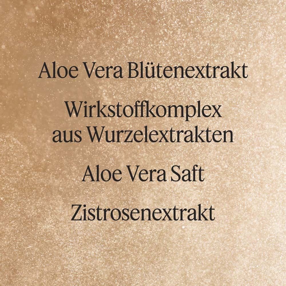 Text: Aloe Vera Blütenextrakt, Wirkstoffkomplex aus Wurzelextrakten, Aloe Vera Saft, Zistrosenextrakt.