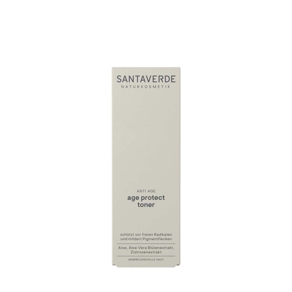 SANTAVERDE age protect toner Verpackung. Rechteckige, helle Schachtel mit Produktnamen und Text. Aufschrift: schützt vor freien Radikalen, mildert Pigmentflecken.