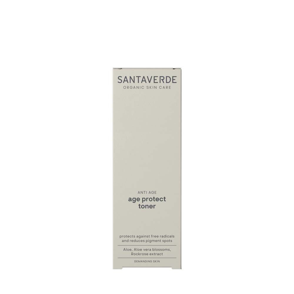 SANTAVERDE age protect toner Verpackung. Rechteckige, helle Schachtel mit Produktnamen und Text. Aufschrift: schützt vor freien Radikalen und reduziert Pigmentflecken.