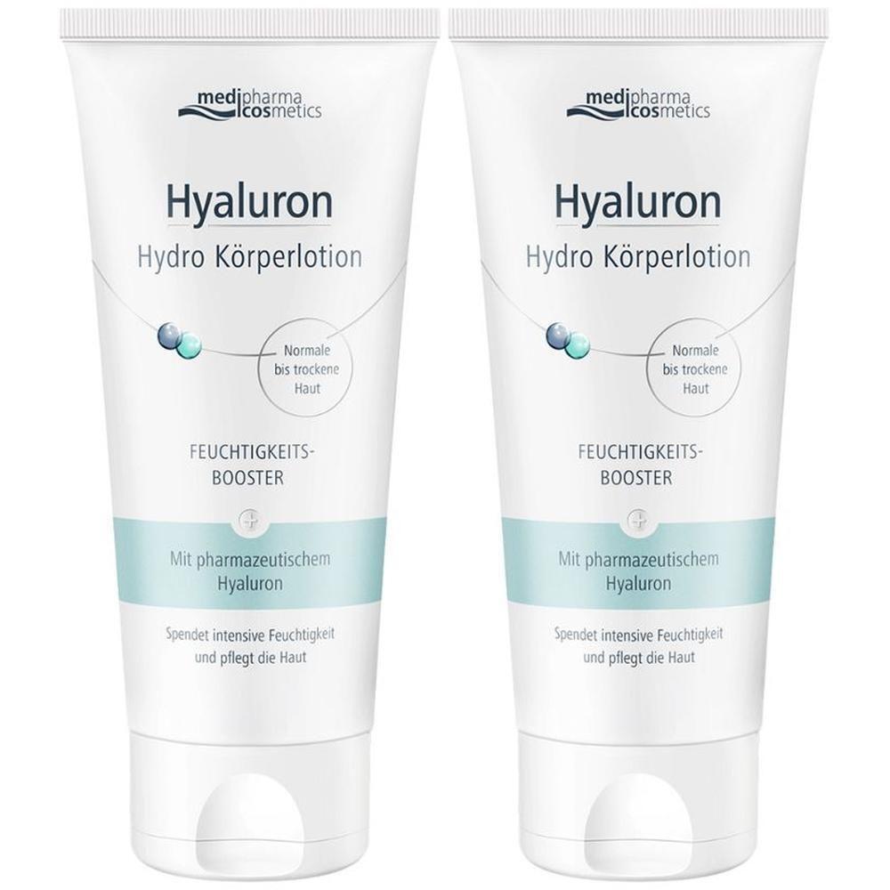 Zwei Tuben HYALURON HYDRO KÖRPERLOTION. Weiße Tuben mit blauer und türkiser Schrift. Marke: medipharma cosmetics. Text: Hyaluron Hydro Körperlotion.
