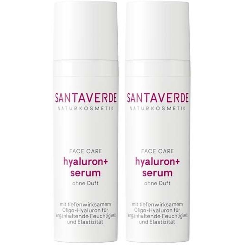 Zwei weiße Flaschen SANTAVERDE FACE CARE hyaluron+ serum. Text: ohne Duft. Mit tiefenwirksamem Oligo-Hyaluron für anhaltende Feuchtigkeit und Elastizität.