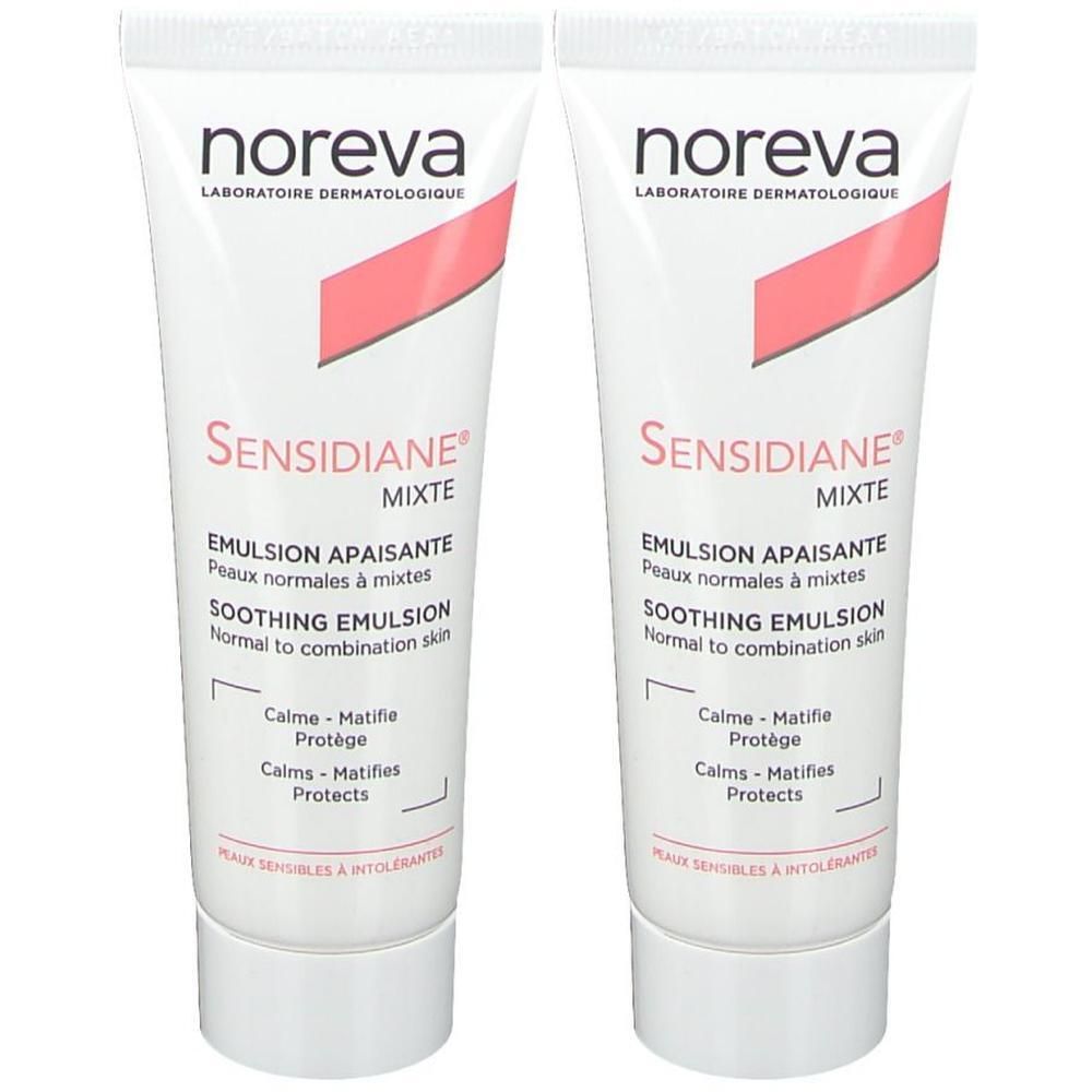 Zwei Tuben Sensidiane Mischhaut-Emulsion. Weiße Tuben mit rosa Akzenten und Text. Marke: Noreva. Produktname und Beschreibung auf Englisch und Französisch.
