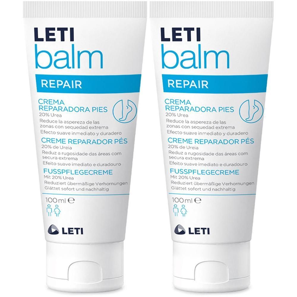 Zwei Tuben LETI balm Fußpflegecreme. Weiß, mit blauer Schrift. Enthält 20% Urea. Creme für trockene Füße.