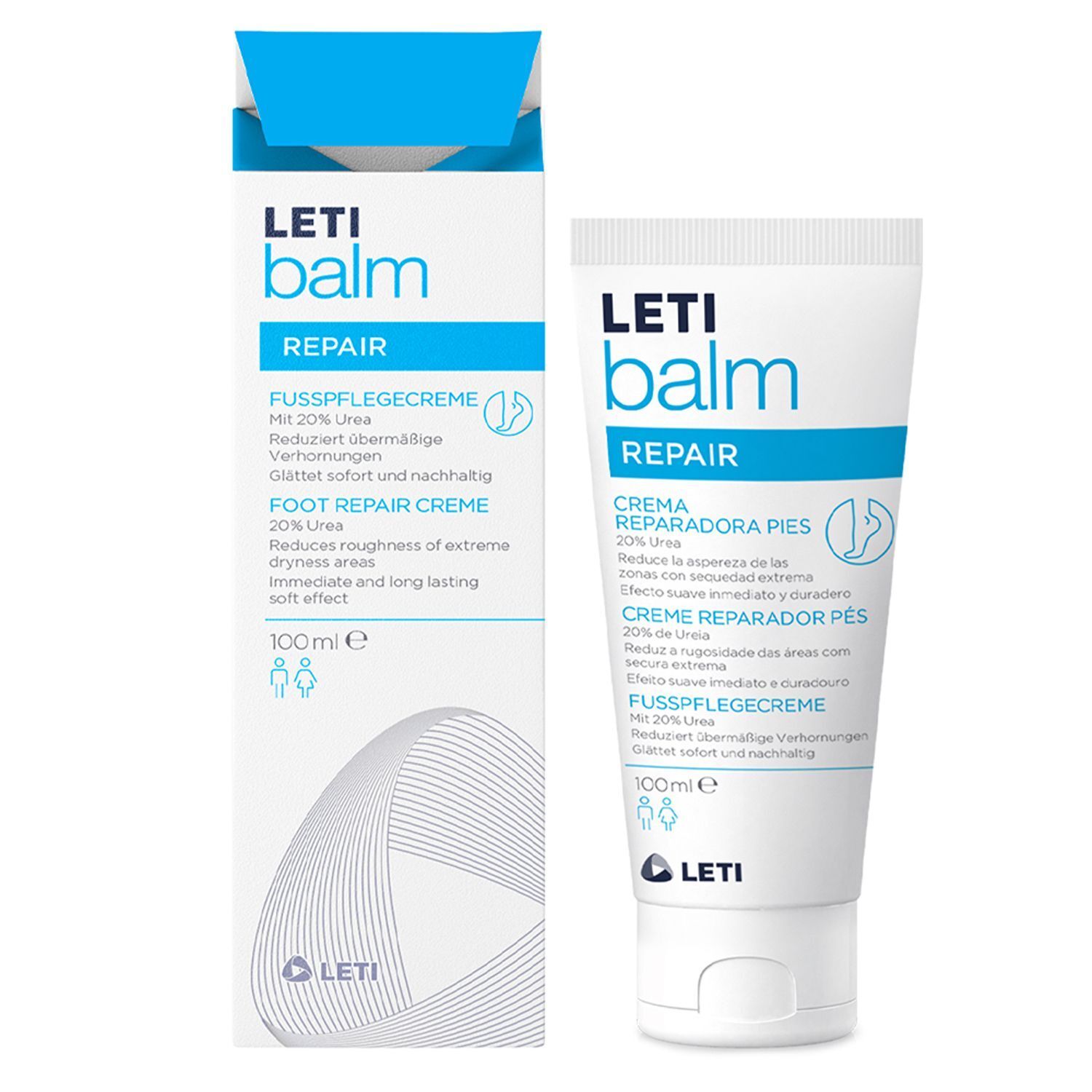 LETI balm Fußpflegecreme und Verpackung. Weiß, blau. Enthält 20% Urea. Creme für trockene Füße. 100ml.