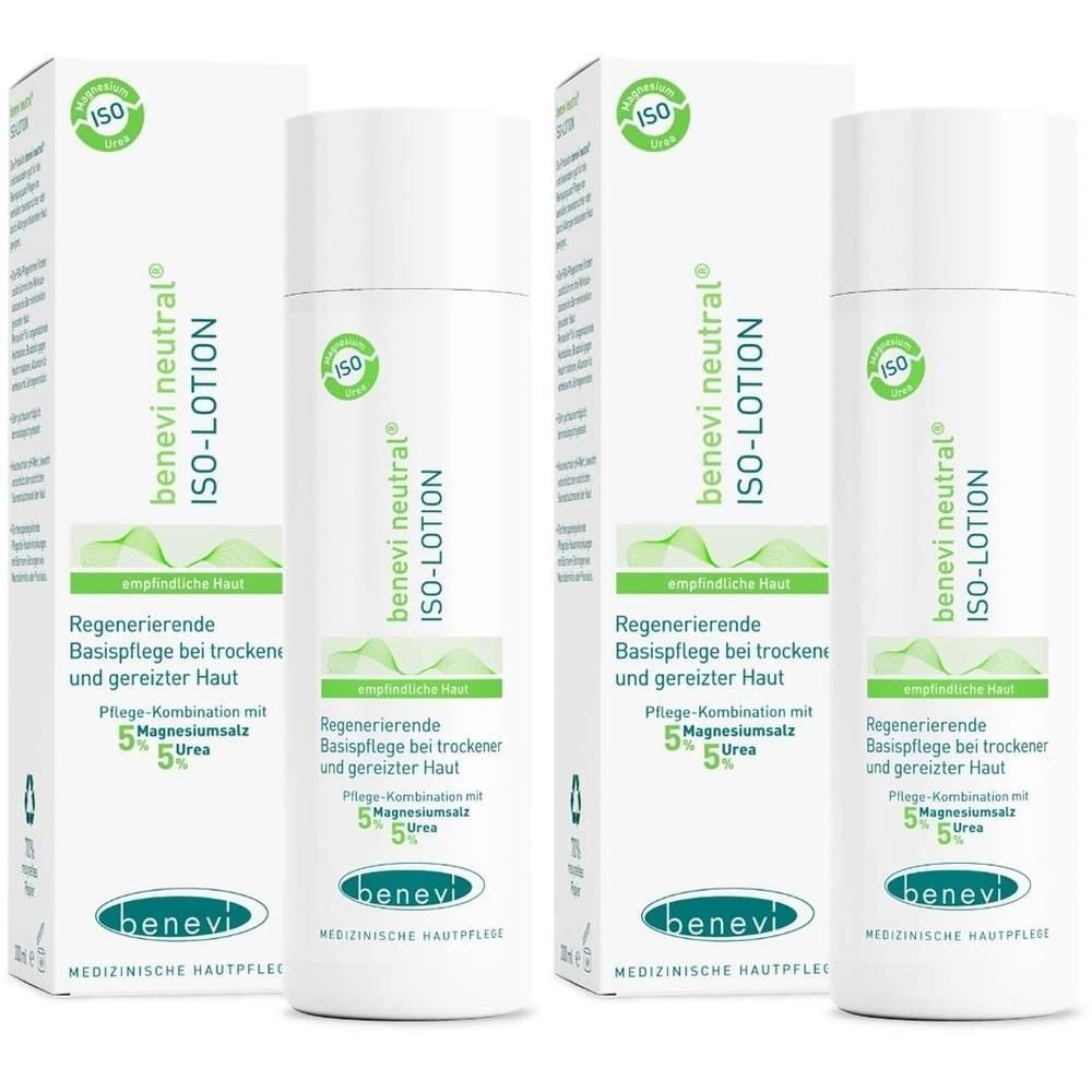 Mehrere weiße Flaschen und Verpackungen von benevi neutral ISO-Lotion. Aufdrucke: benevi, ISO-Lotion, 5% Urea, 5% Magnesiumsalz.
