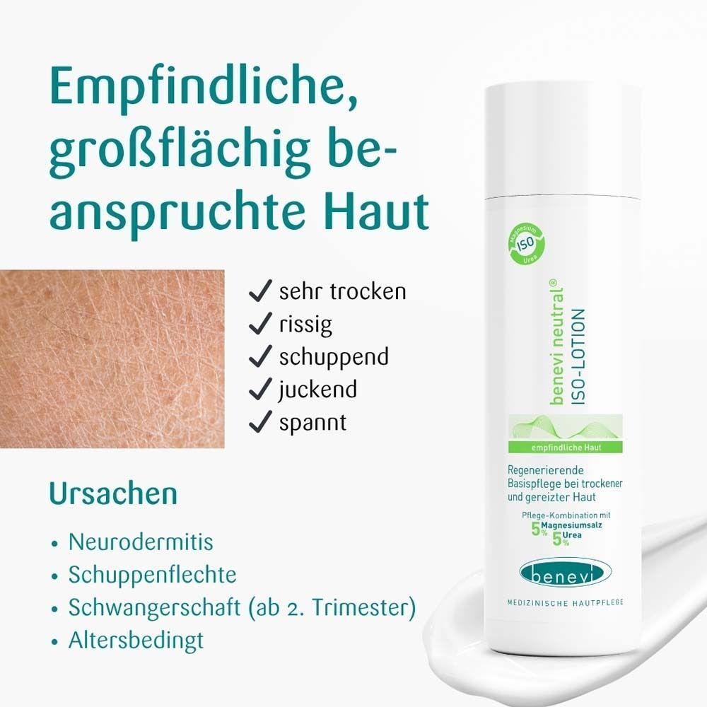 benevi neutral ISO-Lotion-Flasche neben Text über trockene, rissige, juckende Haut. Ursachen: Neurodermitis, Schuppenflechte, Schwangerschaft.