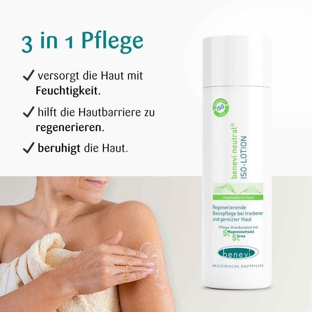 benevi neutral ISO-Lotion-Flasche neben einer Frau, die Lotion auf ihren Arm aufträgt. Text: versorgt mit Feuchtigkeit, regeneriert, beruhigt.
