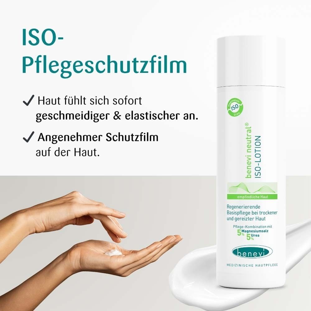 benevi neutral ISO-Lotion-Flasche neben Händen, die Lotion auftragen. Text: geschmeidigere, elastischere Haut, angenehmer Schutzfilm.