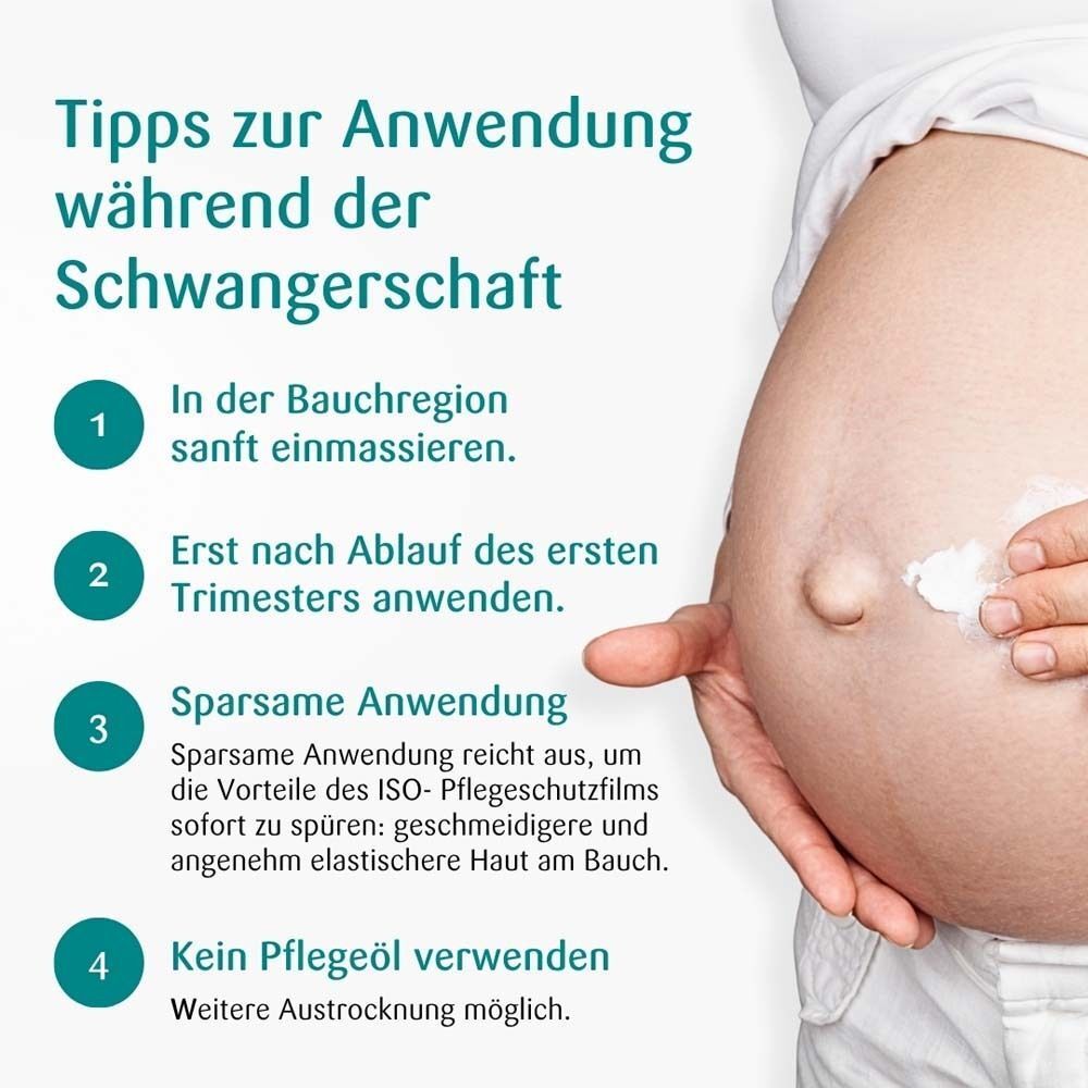 benevi neutral ISO-Lotion-Flasche neben einer schwangeren Frau, die Lotion aufträgt. Tipps: sanft einmassieren, nach dem 1. Trimester.