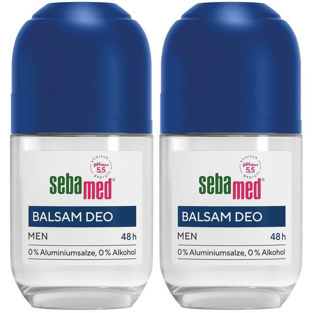 Zwei Roll-on-Deodorants mit blauen Kappen. Aufschrift: sebamed, BALSAM DEO, MEN, 48h, 0% Aluminiumsalze, 0% Alkohol.