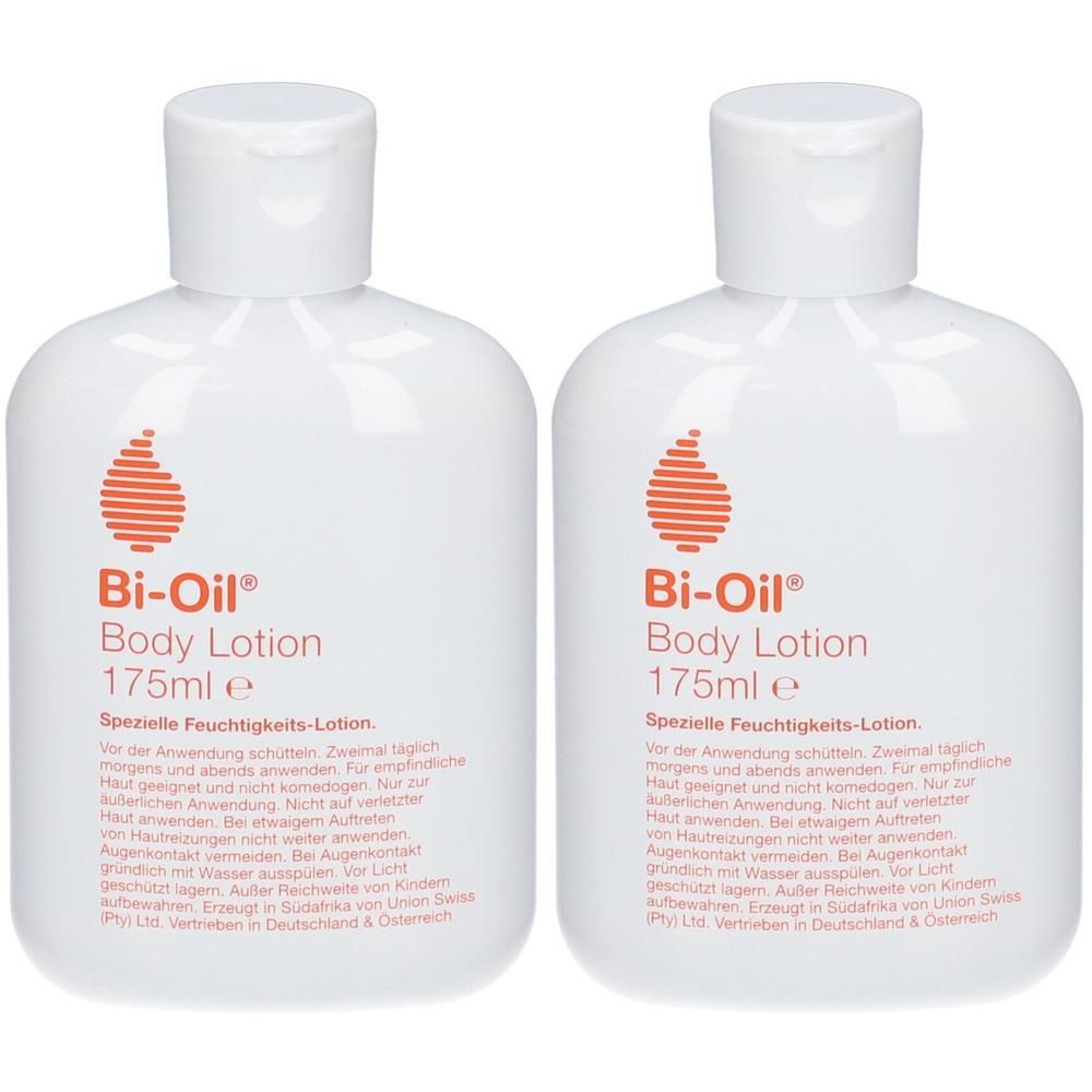 Zwei weiße Flaschen Bi-Oil® Body Lotion. Jede Flasche hat einen weißen Klappverschluss und ein orangefarbenes Logo. Text: 175ml e.