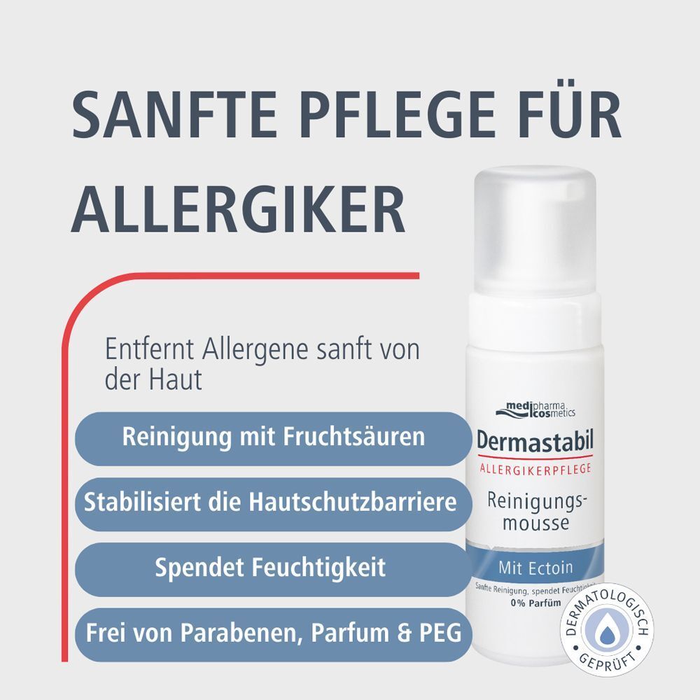 Produktabbildung mit Text. Flasche Dermastabil Reinigungsmousse. Text: Sanfte Pflege für Allergiker. Mit Ectoin, 0% Parfum. Dermatologisch geprüft.