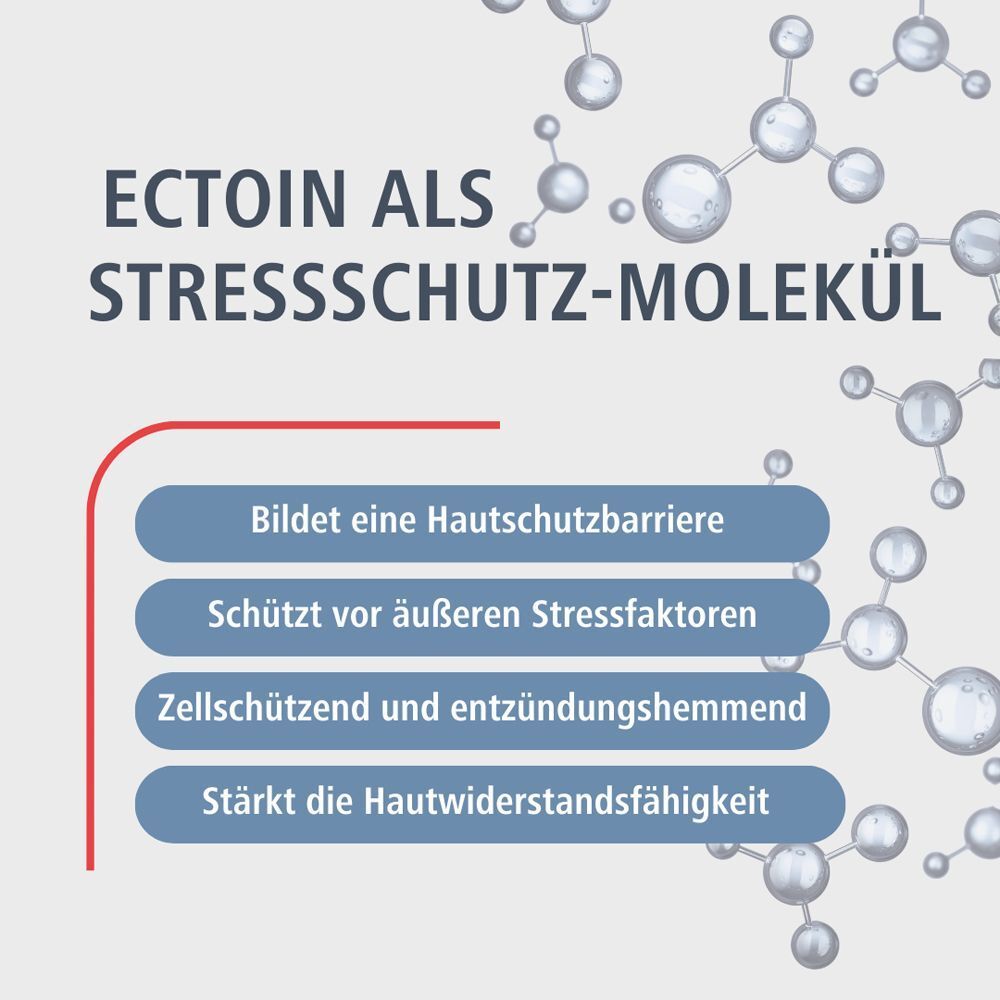 Grafik mit Text. Text: Ectoin als Stressschutz-Molekül. Vier blaue Textfelder. Molekülstruktur im Hintergrund.