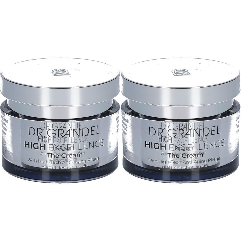 Zwei Tiegel Creme mit silbernen Deckeln. Auf den Etiketten steht: DR. GRANDEL HIGH EXCELLENCE The Cream. 24-h High-Tech Anti-Aging Pflege.