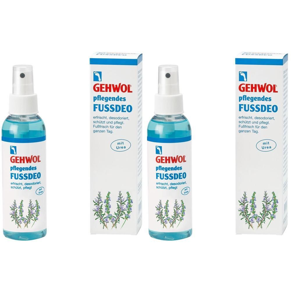 Drei Flaschen und zwei Kartons GEHWOL pflegendes FUSSDEO. Flaschen mit blauem Inhalt und Sprühkopf. Kartons mit Produktnamen und Text.