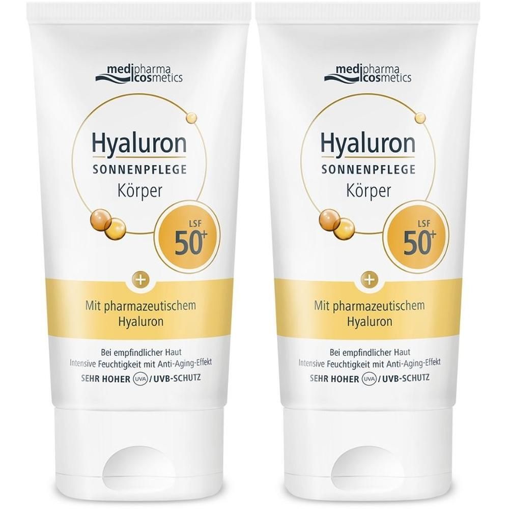 Zwei Tuben medipharma cosmetics Hyaluron Sonnenpflege Körper LSF 50+. Weiße Tuben mit gelben und blauen Elementen. Text: Hyaluron Sonnenpflege Körper.