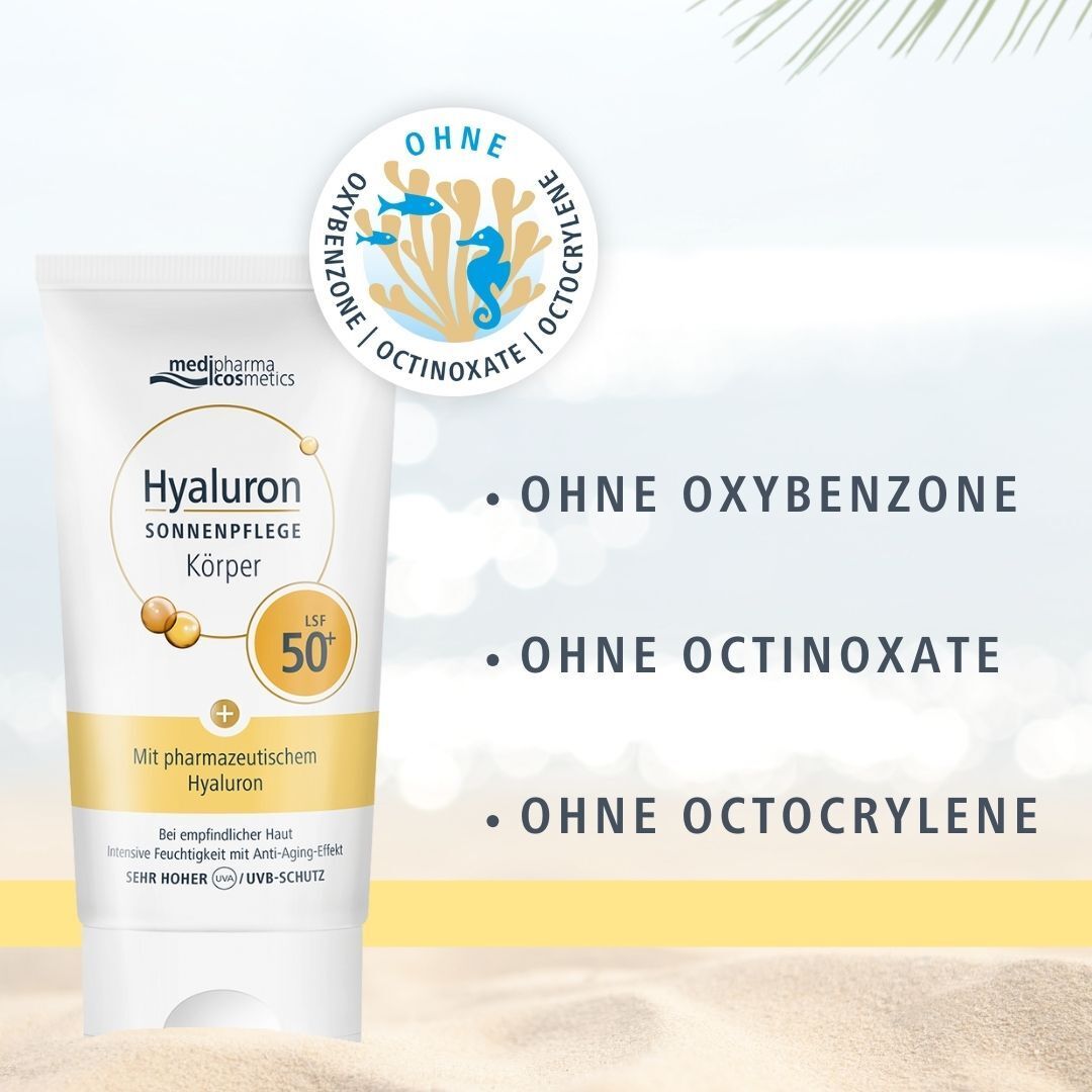 Tube medipharma cosmetics Hyaluron Sonnenpflege Körper LSF 50+ mit Text. Weiße Tube mit gelben und blauen Elementen. Text: Ohne Oxybenzone, Octinoxate, Octocrylene.