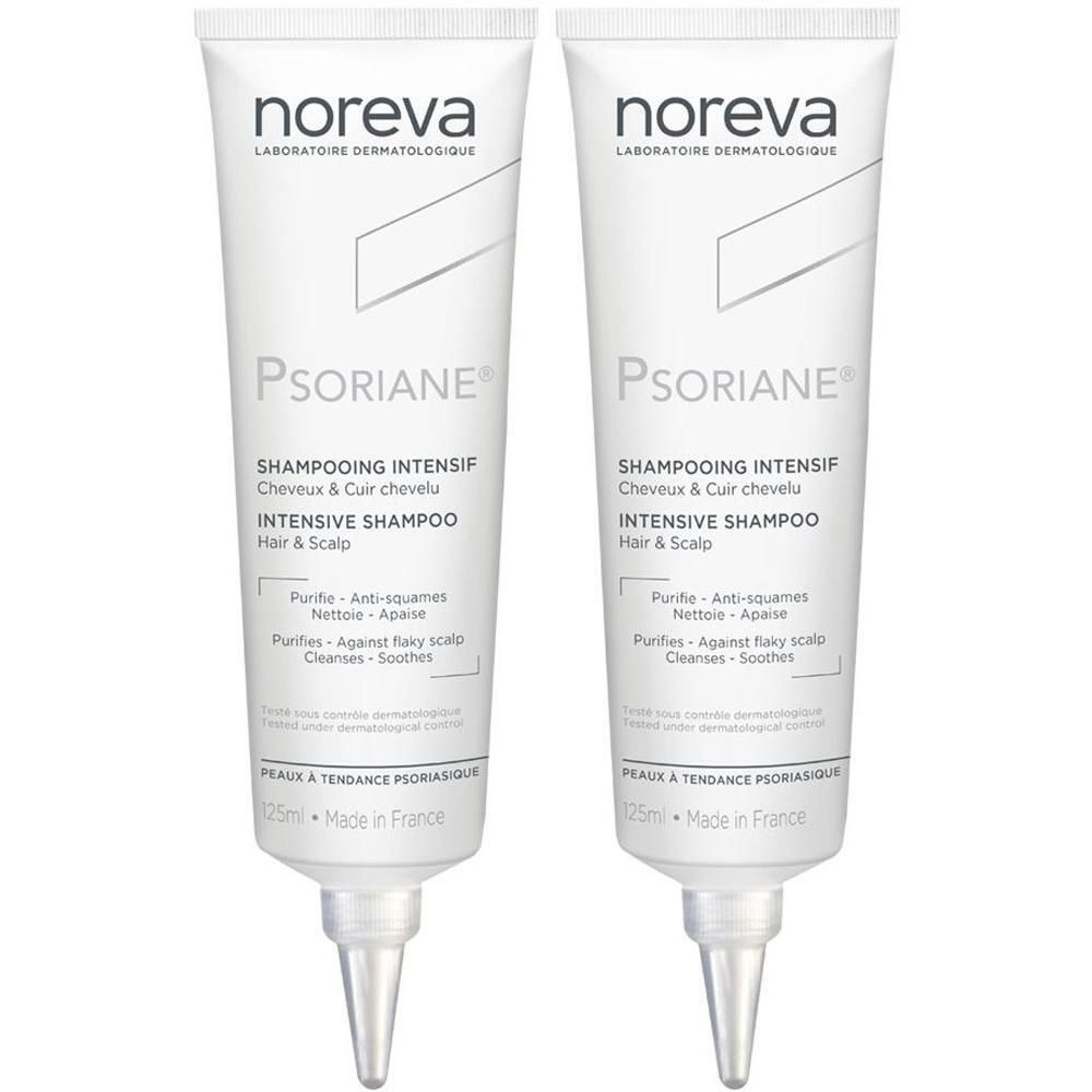 Zwei Tuben Shampoo. Weiß, mit Aufschrift "noreva" und "Psoriane". Text: "Shampooing Intensif", "Intensive Shampoo".