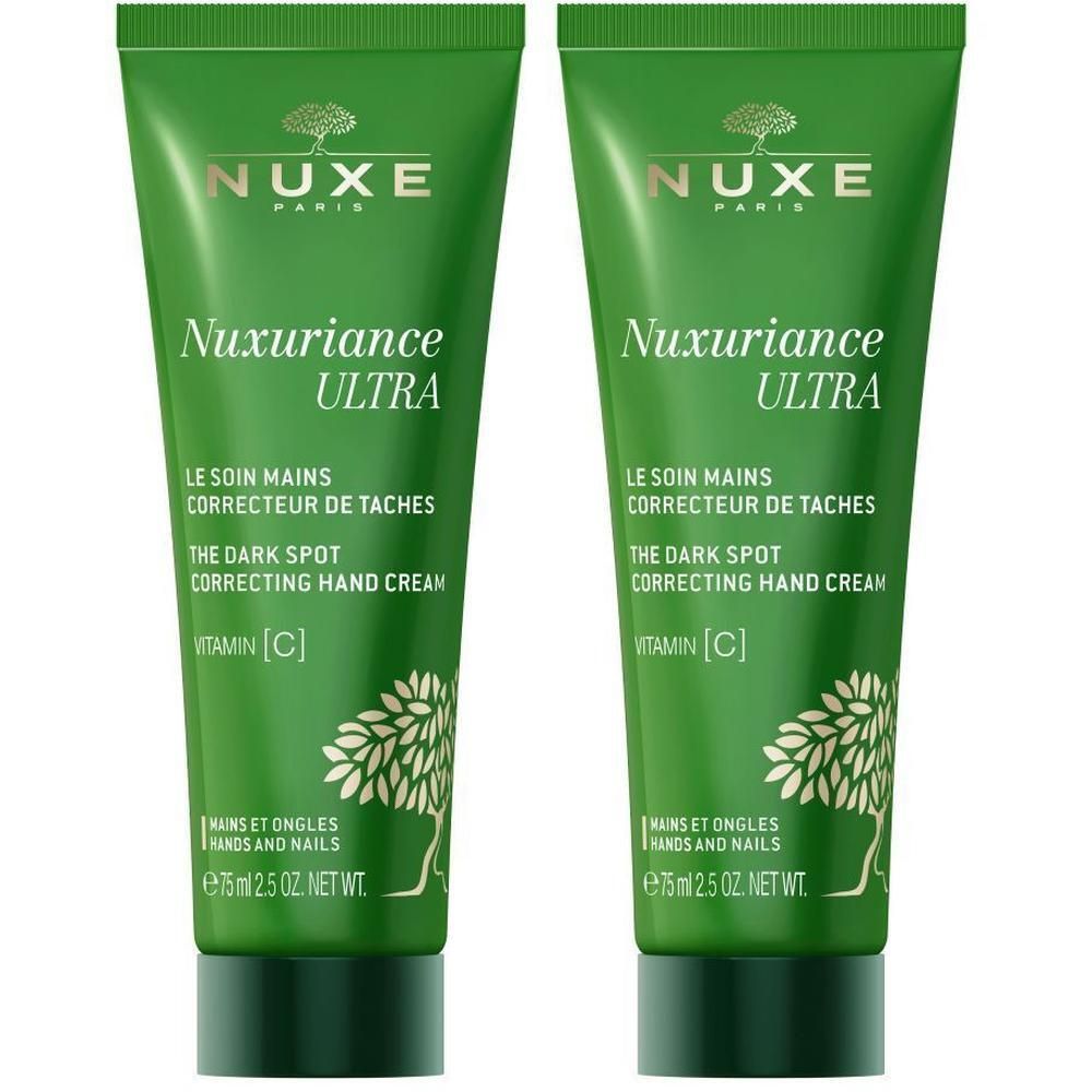 Zwei grüne Tuben NUXE Nuxuriance Ultra Handcreme. Aufschrift: THE DARK SPOT CORRECTING HAND CREAM, Vitamin C.