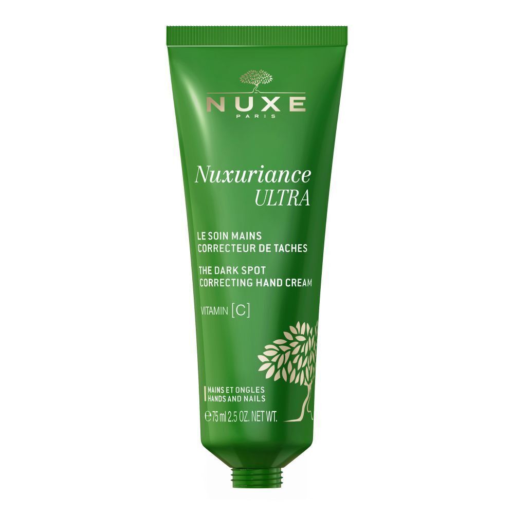 Grüne Tube NUXE Nuxuriance Ultra Handcreme. Aufschrift: THE DARK SPOT CORRECTING HAND CREAM, Vitamin C.