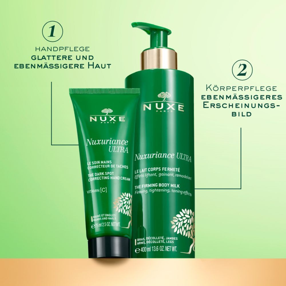 NUXE Nuxuriance Ultra Handcreme und Körperlotion. Handcreme-Tube und Flasche mit grüner Aufschrift.