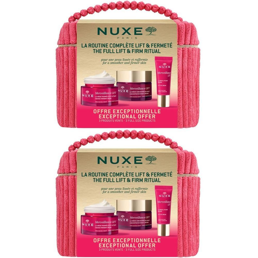 Zwei Sets mit Kosmetikprodukten. Jedes Set enthält Tiegel, Tuben und eine Kosmetiktasche mit Griff. Text: NUXE, Merveillance Lift.