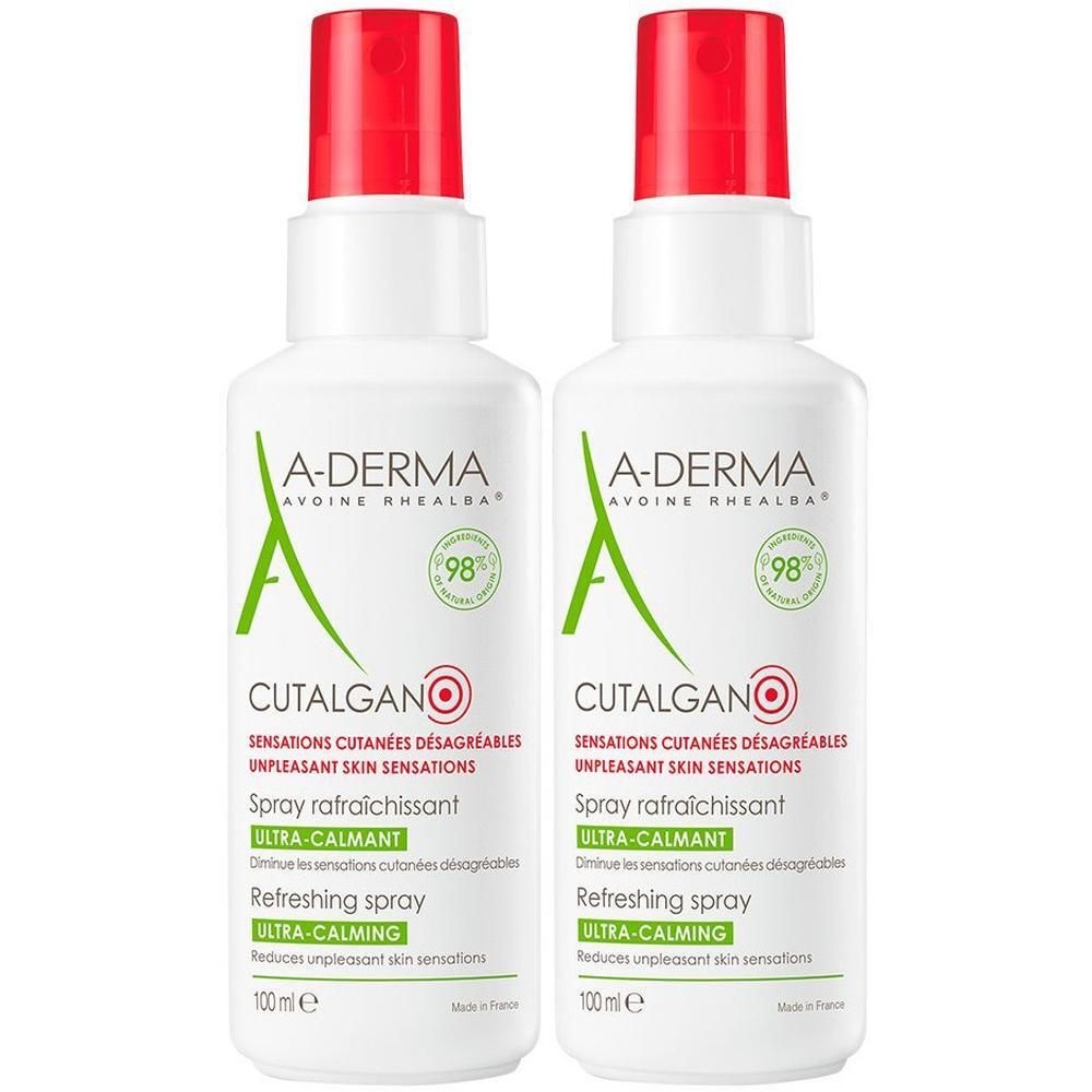 Zwei weiße Sprühflaschen mit rotem Verschluss. Aufschrift: A-DERMA, Cutalgan, Spray rafraîchissant. 98%.