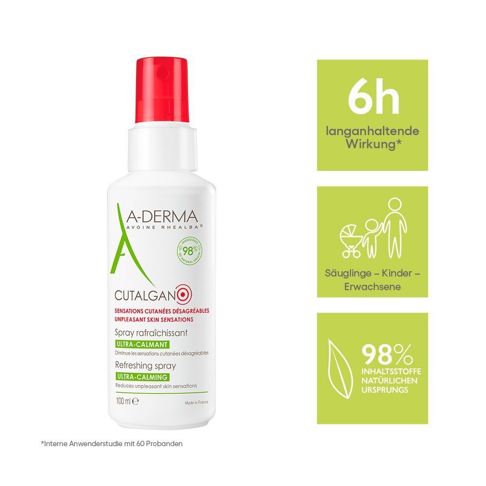 Weiße Sprühflasche mit rotem Verschluss. Aufschrift: A-DERMA, Cutalgan, Spray rafraîchissant. 98%. Icons: 6h, Säuglinge-Kinder-Erwachsene, 98% natürliche Inhaltsstoffe.